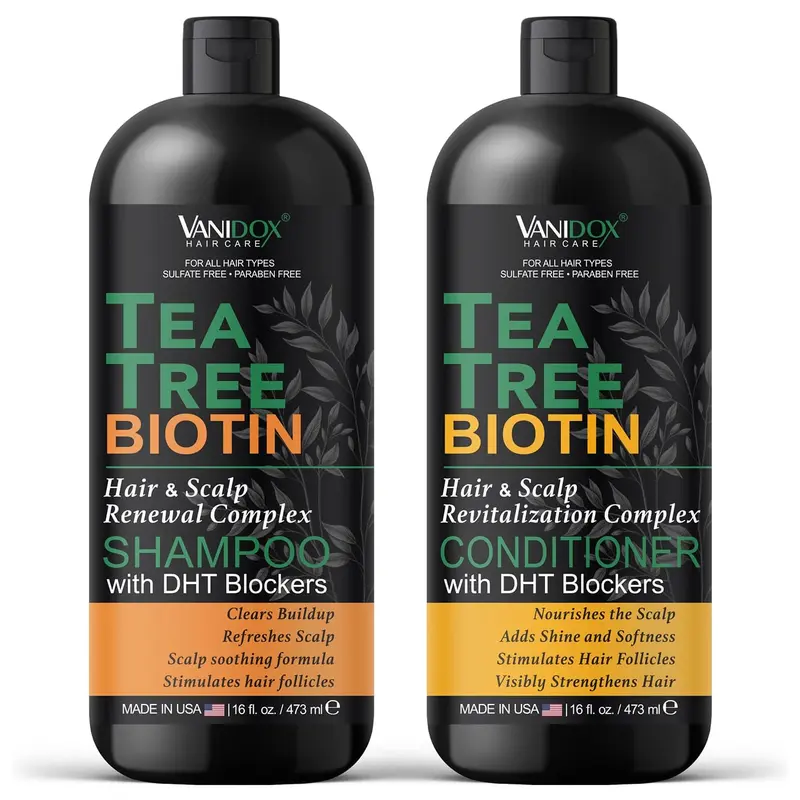 VANIDOX Coffret Shampoing et Après-Shampoing Tea Tree – Biotine, Bloqueurs DHT, Cuir chevelu apaisé – 473 ml chacun – Fabriqué aux États‑Unis