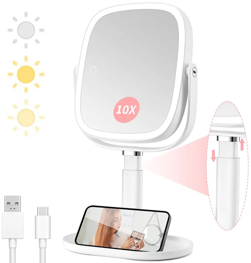 Vanmirr Miroir de maquillage lumineux – 1x/10x, batterie 2600mAh, éclairage 3 couleurs, hauteur réglable et rotation 360°