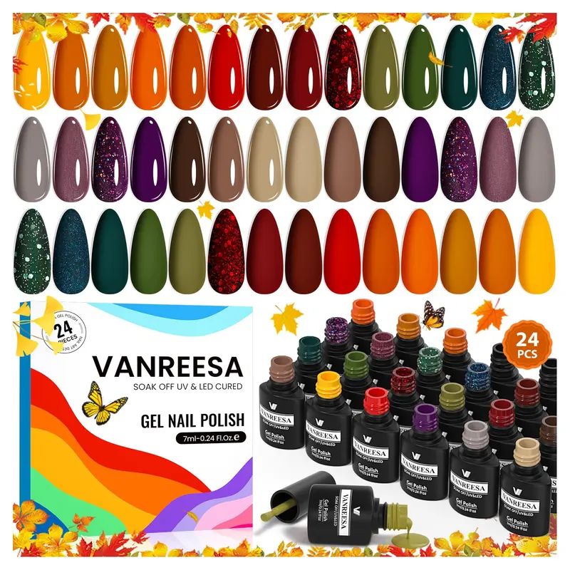 VANREESA Kit Vernis Gel Automne – 24 pièces, 21 teintes, Couche de Base et Finitions Brillant et Mat