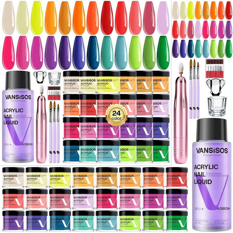 VANSISOS Kit Acrylique Débutant — Ensemble Complet 24 Poudres + Liquide, Séchage Rapide et Durable, Foret et Accessoires