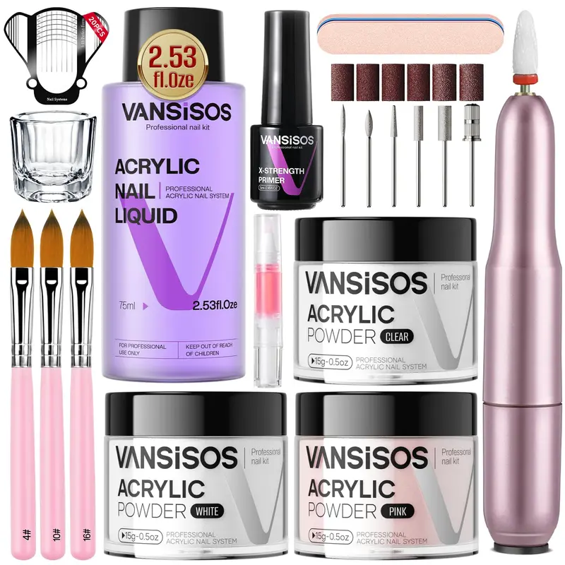 VANSISOS Kit Acrylique pour Ongles avec Perceuse – Débutants et Salon à Domicile