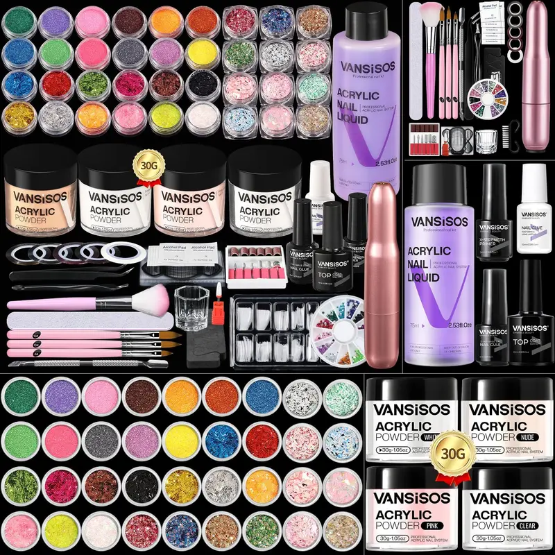 VANSISOS Kit Acrylique Professionnel avec Perceuse – Ensemble Complet, Poudre et Paillettes