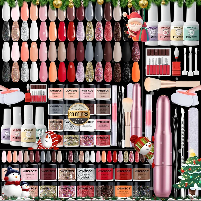 VANSISOS Kit Dip Poudre – 30 Couleurs, Base/Top/Activateur, Fraise à ongles – À domicile