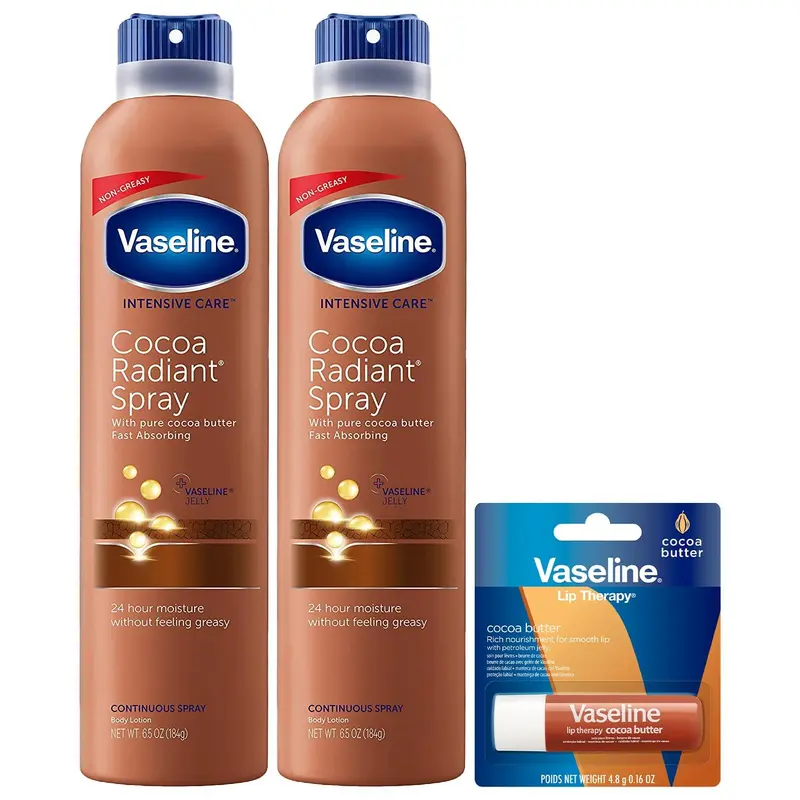 Vaseline Cocoa Radiant Spray 2-pack + Baume à Lèvres Beurre de Cacao – Ensemble Hydratation 3 pièces