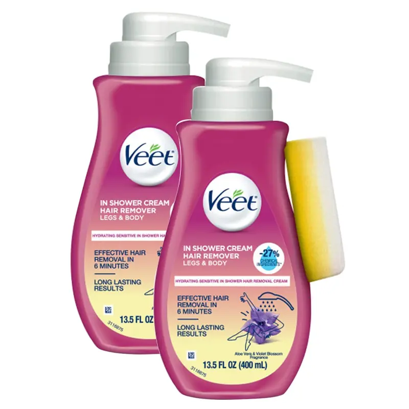 Veet Crème Épilation Sensible Aloe Vera – À La Douche, Pack de 2 (13,5 oz / 400 ml) – Jambes et Corps