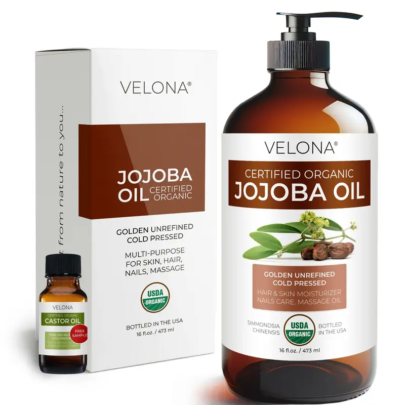 velona – Huile de jojoba certifiée biologique USDA, 473 ml en bouteille verre | Pure et naturelle | dorée, pression à froid, sans hexane | Hydratation visage, cheveux et peau