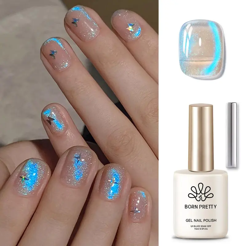 Vernis Gel Magnétique Œil de Chat Born Pretty – Bleu Auroras, Effet Sirène Rose Brillant, 15ml