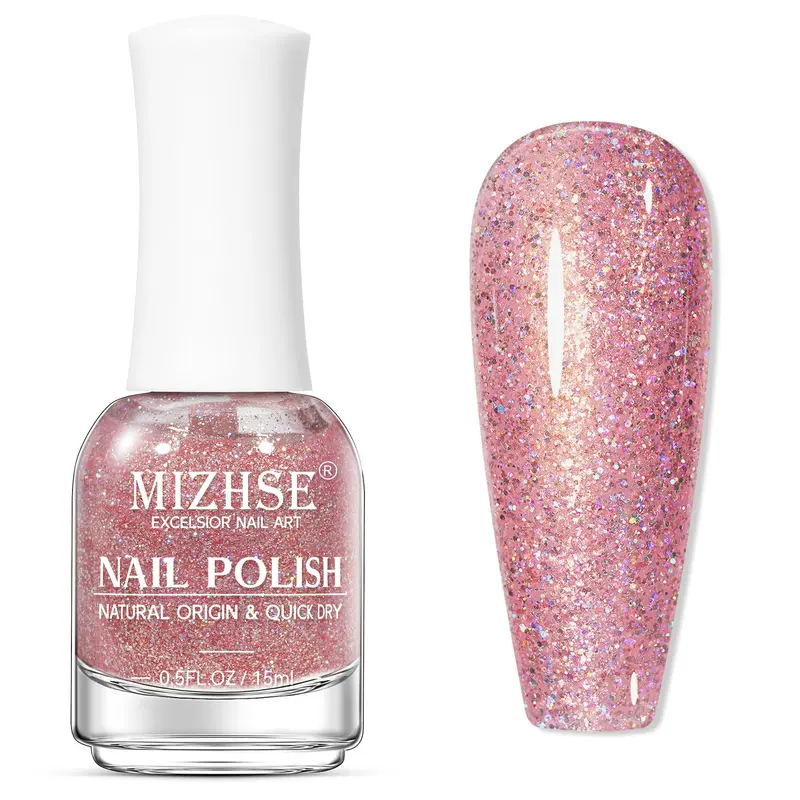 Vernis MIZHSE Séchage rapide – Paillettes roses, sans lampe, 15 ml, fini scintillant