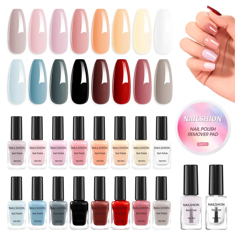 Vernis Nailshion Nude Gris – Ensemble neutre de 16 teintes avec base, top et tampons (Non Gel)