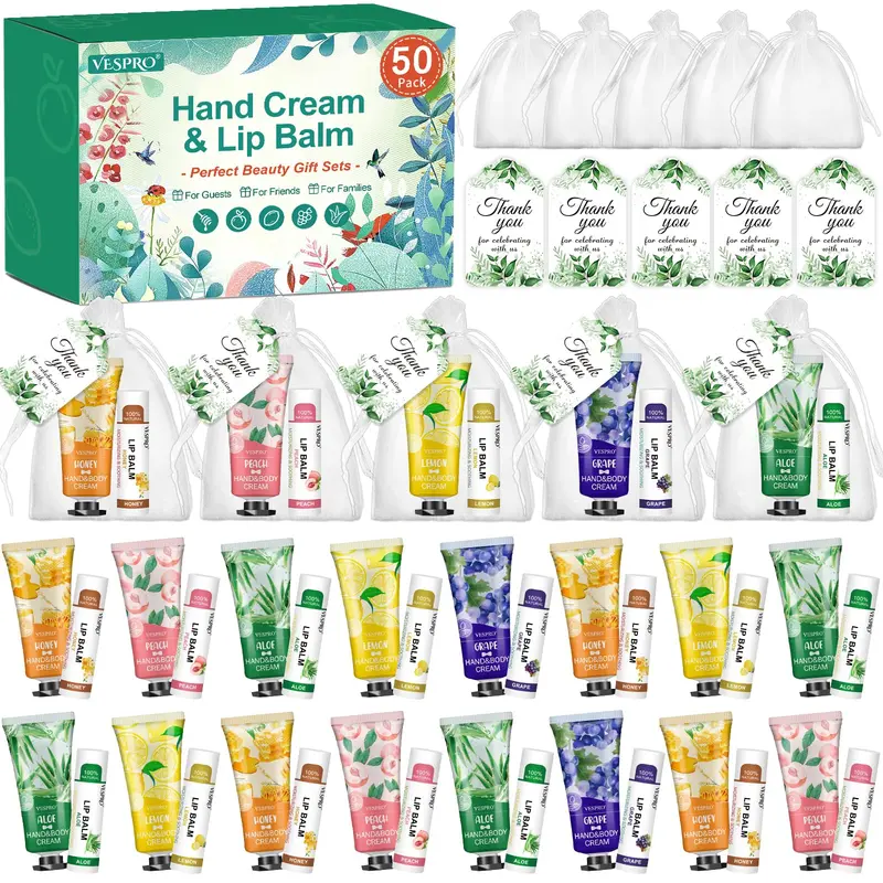 VESPRO – 50 ensembles cadeaux crème pour les mains et baume à lèvres, idéaux pour Saint-Valentin et fêtes