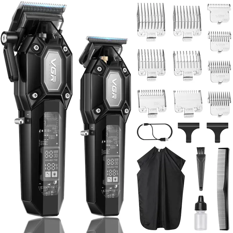 VGR Tondeuses et Taille-Barbe Pro Sans Fil – Kit Coupe Cheveux avec 10 Peignes Guide, Recharge USB-C et Affichage LED, Noir