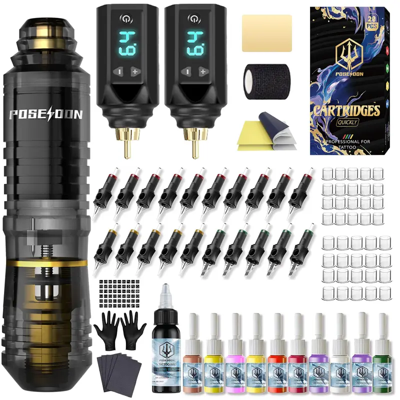 Vidattx Poseidon Kit tatouage – Ensemble débutants avec 2 batteries et 20 cartouches