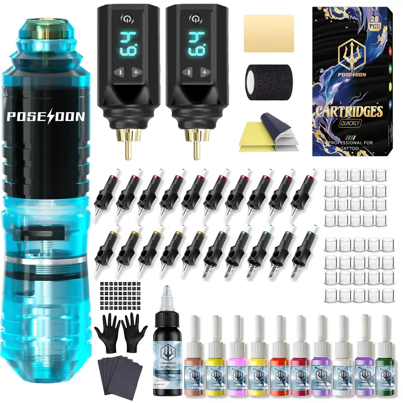 Vidattx Poseidon Kit Tatouage – Stylo tatouage avec 2 batteries 1500mAh, 20 cartouches, 11 encres, pour débutants
