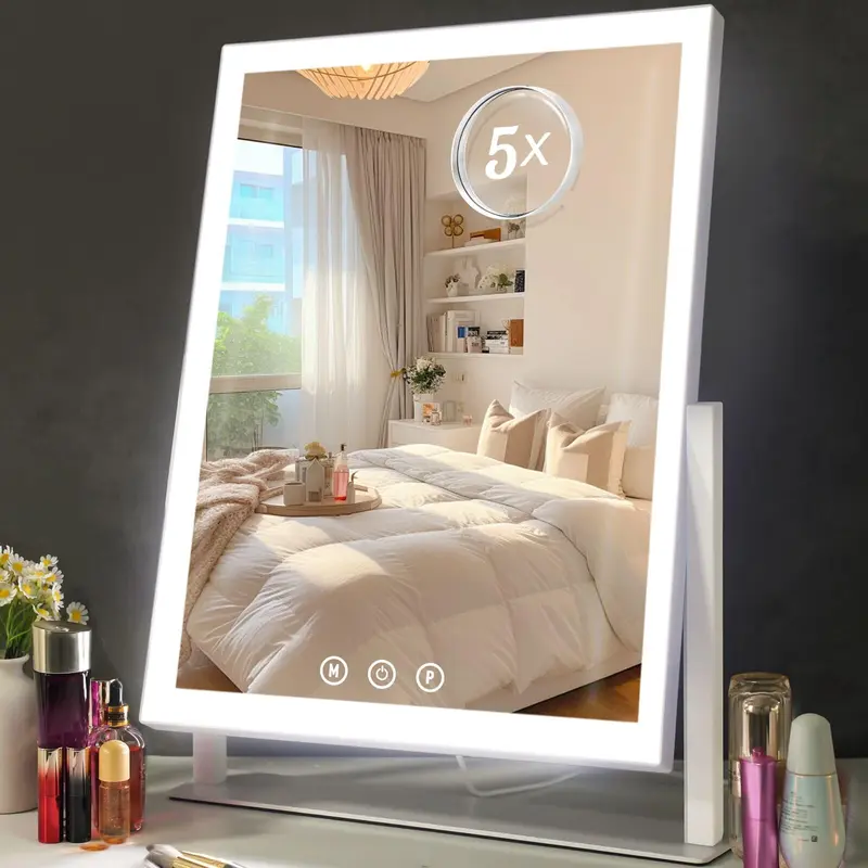 ViKert Miroir Maquillage Éclairé – 96 LED, 5x, Rotation 360°, 3 Couleurs