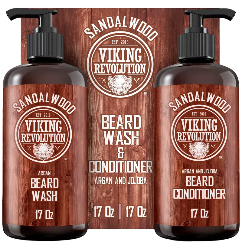 Viking Revolution Kit Lavage et Après-Shampooing pour Barbe – Argan & Jojoba – Douceur et Renforcement – Parfum Santal Naturel