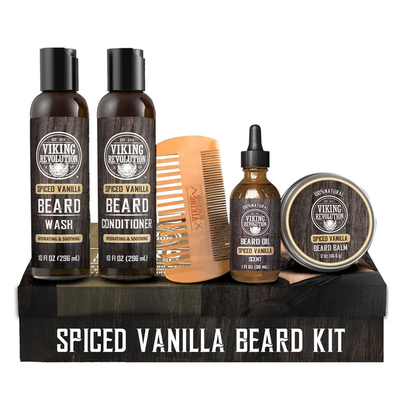 Viking Revolution Kit Soin Barbe Ultime – Lavage, Après-Shampoing, Huile, Baume, Peigne Bois – Vanille Épicée