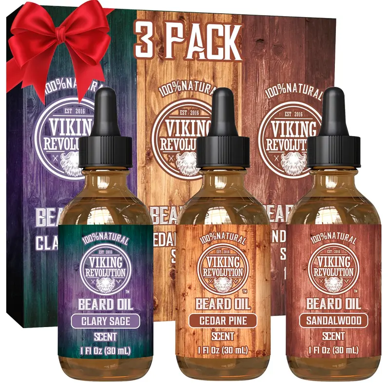 Viking Revolution - Lot de 3 Huiles pour Barbe (Santal, Pin, Cèdre, Sauge Sclarée) – Soin Hydratant