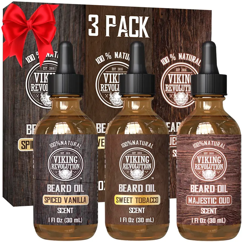 Viking Revolution Pack 3 Huiles Barbe – Vanille Épicée, Tabac Doux et Oud Majestueux (1 oz chacun)