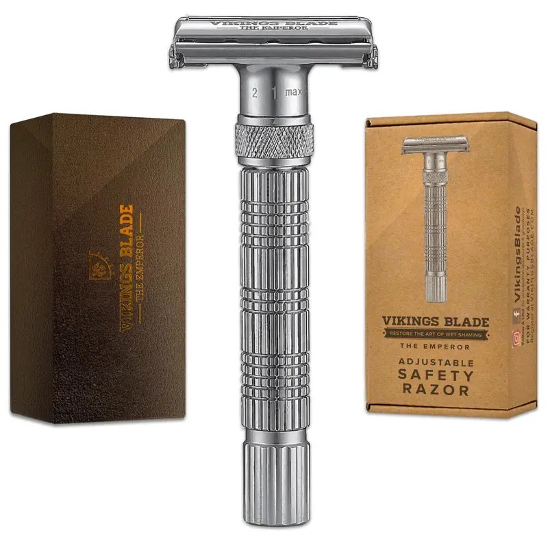 VIKINGS BLADE Rasoir de sécurité double-edge réglable The Emperor Frosted Chrome + Étui de luxe