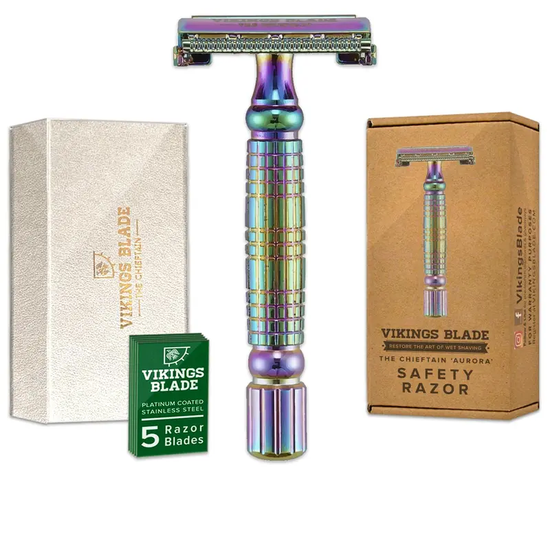 VIKINGS BLADE Rasoir de sécurité double-tranchant Chieftain Aurora + 5 lames suédoises – Etui luxe