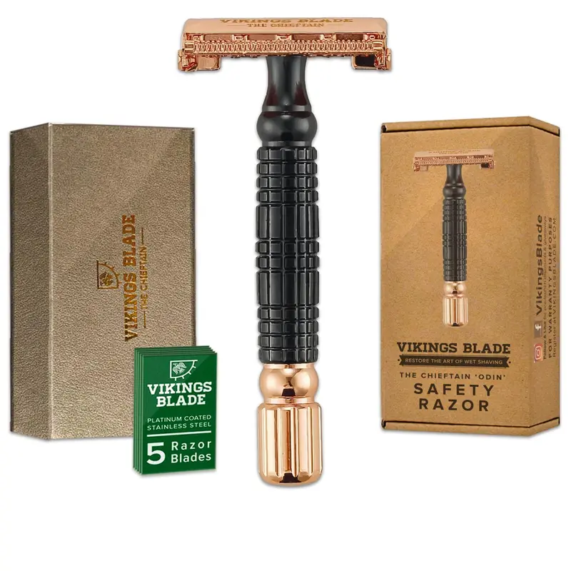 Vikings Blade Rasoir de sécurité double tranchant – Chieftain Odin + 5 lames suédoises + Étui luxe