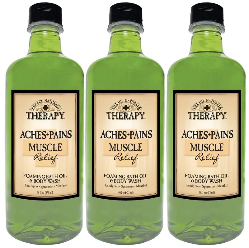 Village Naturals Therapy – Huile de Bain Mousse et Gel Douche Relief Musculaire (Lot 3x473 ml)