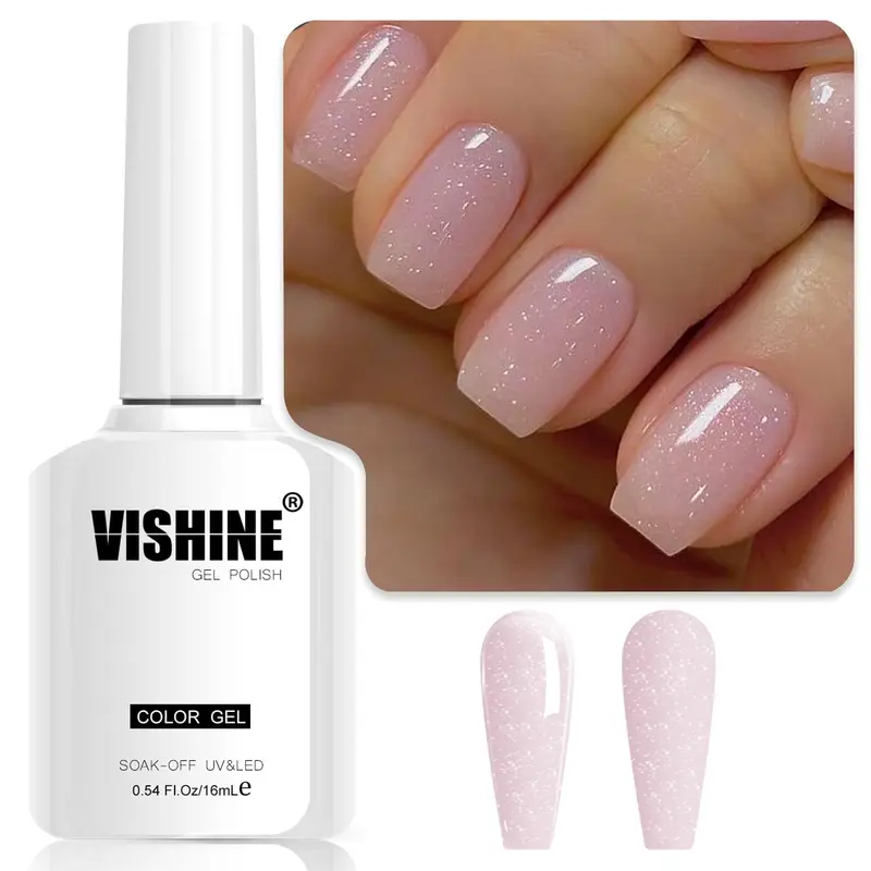 Vishine Vernis Gel Nude Rose Irisé – Gel Jelly Transparent Rose Nude 16 ml, Effet Pailleté Nacré E030