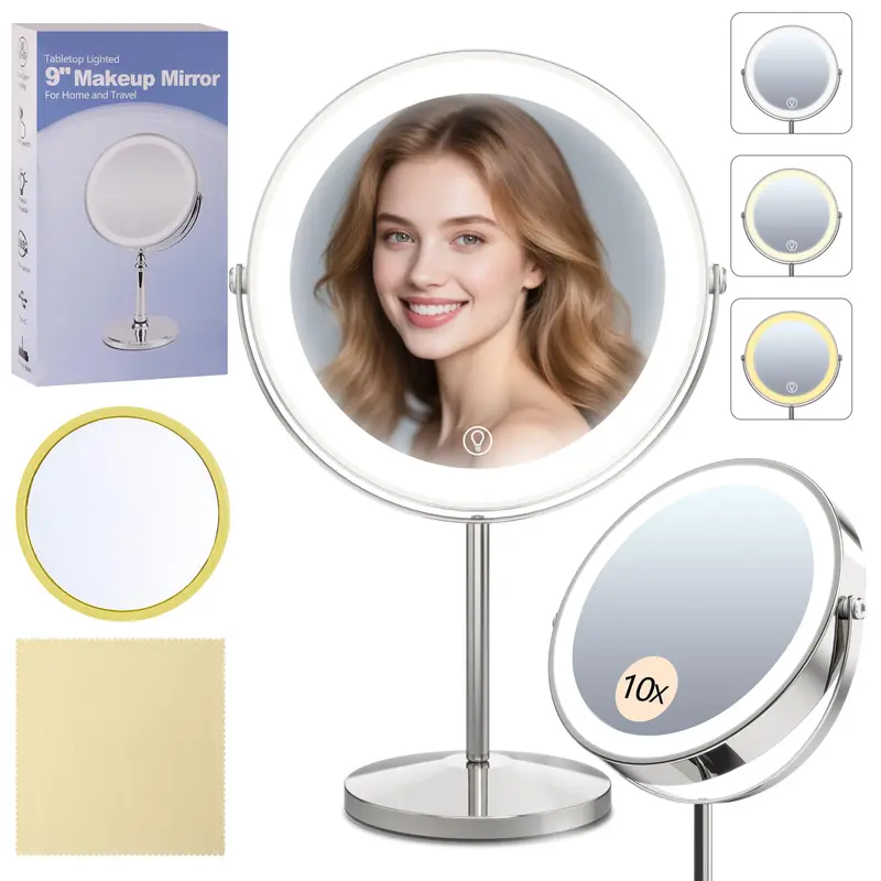 VisionSphere Miroir Loupe 9 Pouces avec Lumière – 1X/10X, Rechargeable USB-C, Rotation 360°, 3 Modes d'Éclairage