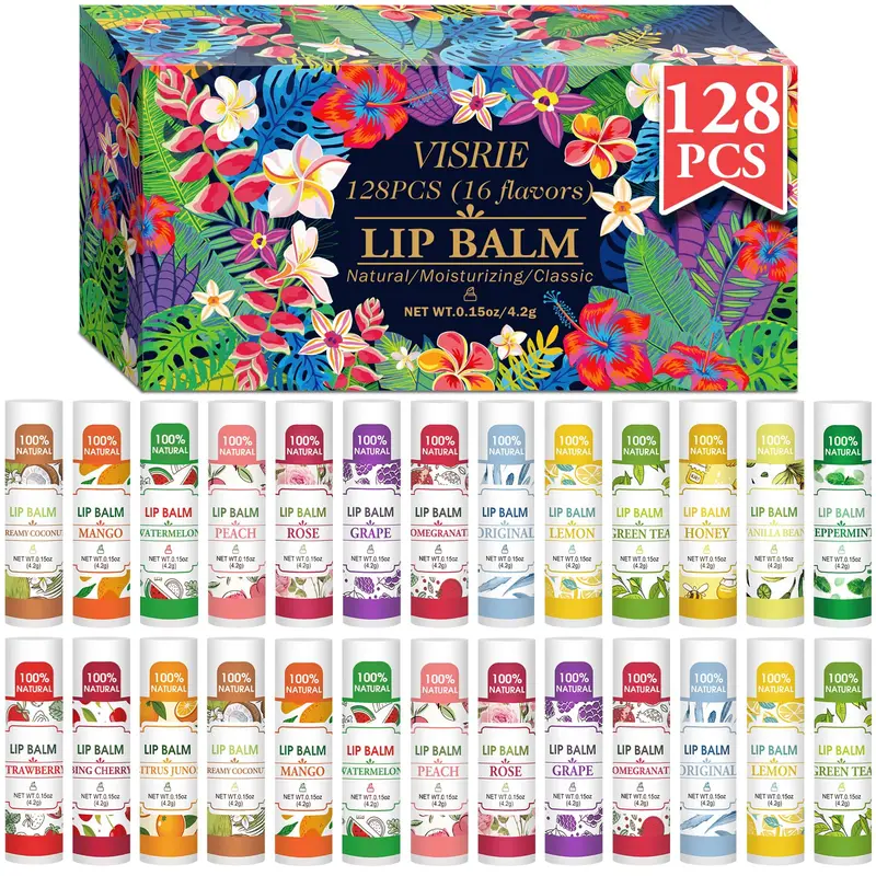 VISRIE – Lot de 128 baumes à lèvres naturels, vitamine E et huile de coco – 16 saveurs
