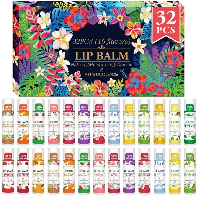 VISRIE – Lot de 32 baumes à lèvres naturels, vitamine E et huile de coco | 16 saveurs