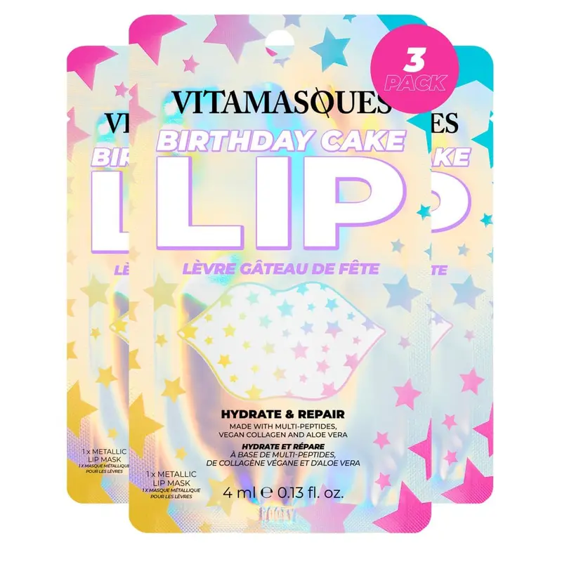 Vitamasques Masques Lèvres Gel 3-Pack – Gateau-anniversaire, Hydratation et Soin Vegan Cruelty-Free