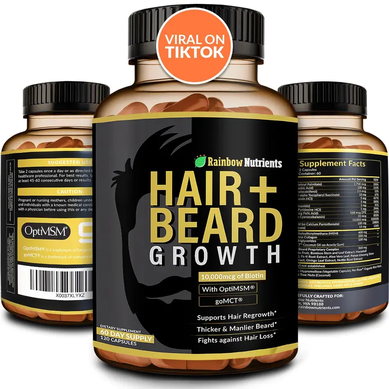 Vitamines Croissance Cheveux et Barbe pour Hommes | Biotine 10 000 mcg, Collagène, OptiMSM | Rainbow Nutrients