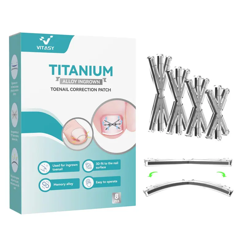 VITASY Kit traitement ongle incarné - Correcteur à forme à 6 angles, alliage titane mémoire, 4 tailles, 8 pièces