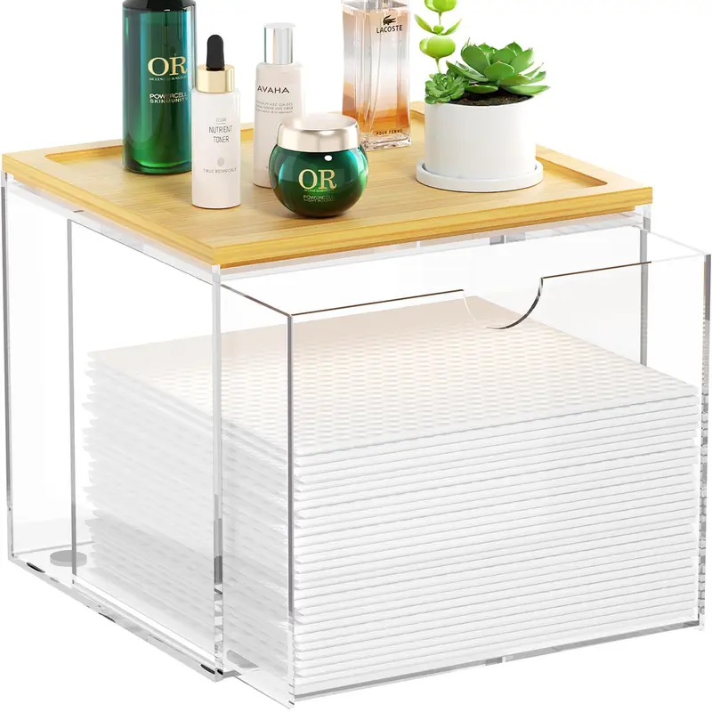 VITVITI Boîte à Serviettes Jetables – Tiroir Acrylique Transparent et Couvercle Bambou, Rangement Large pour Salle de Bains