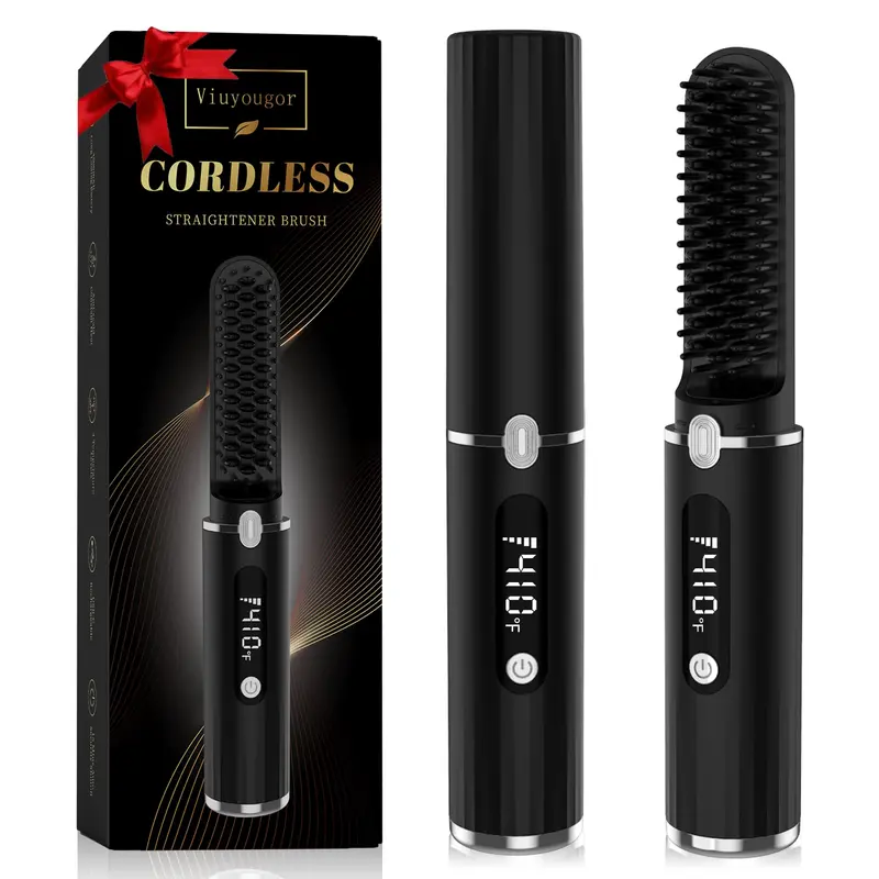 Viuyougor Brosse Chauffante Barbe et Cheveux – Sans Fil, Écran Clair, 4 Réglages, Voyage