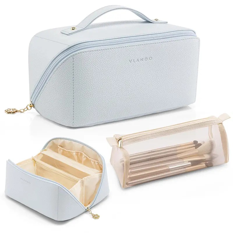 Vlando Trousse de Toilette Maquillage – Grande Capacité, Étanche, PU Bleu Bébé