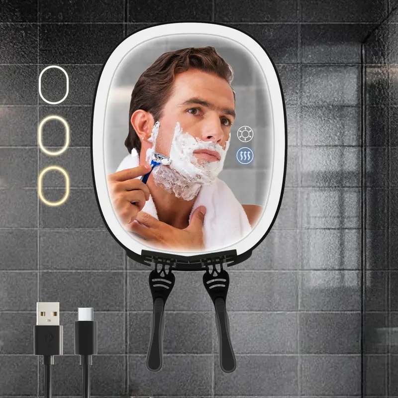 VOCOSTE Miroir de Douche Chauffant Anti-Buée avec LED 3 Couleurs, Rotation 360°, Batterie 5000mAh et Porte-Rasoirs