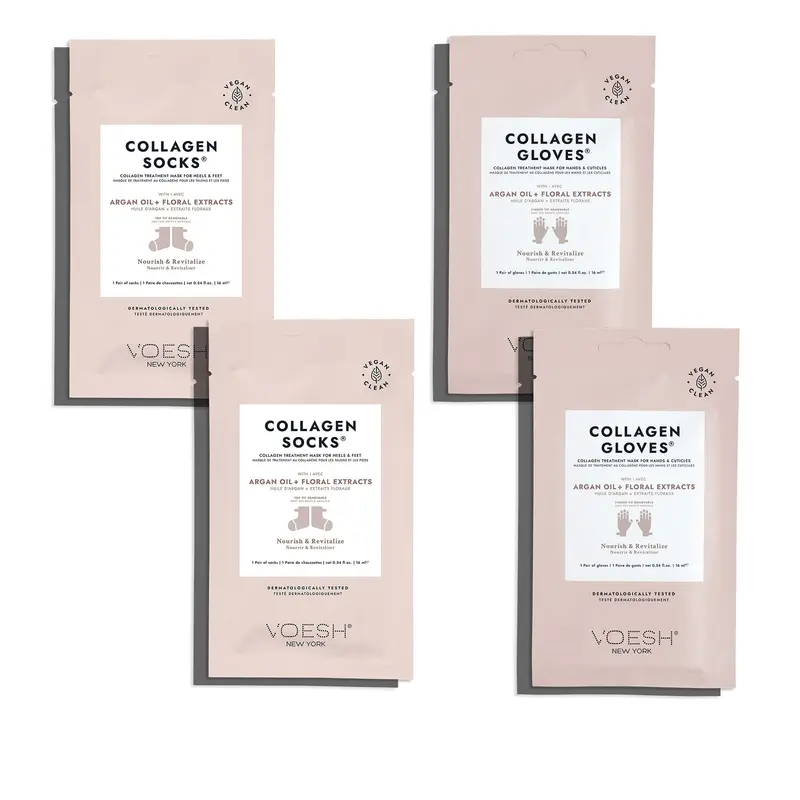 VOESH Gants et Chaussettes Collagène – Huile d’Argan, Hydratation et Élasticité – Ensemble 4 Pièces (2 Gants + 2 Chaussettes)