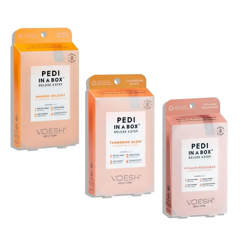 VOESH Pedi en boîte 4 étapes Fruité Trio – Lot de 3 pédicures véganes (Mangue Délice, Mandarine Dynamique, Recharge Vitaminée)