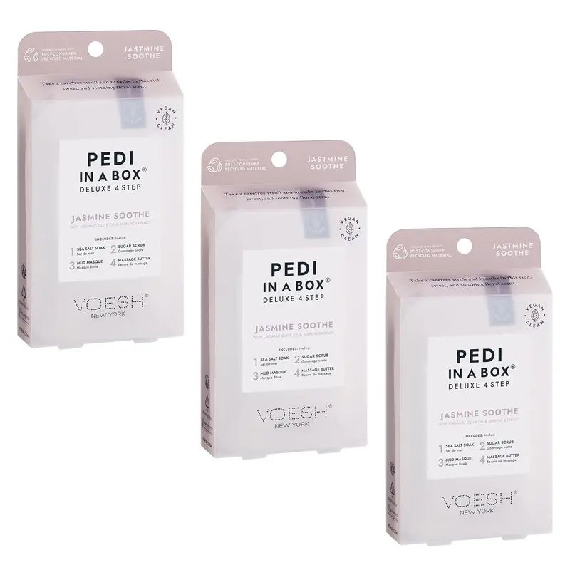 VOESH Pédicure en boîte 4 étapes Jasmine Soothe – Pack 3, kit pédicure à domicile