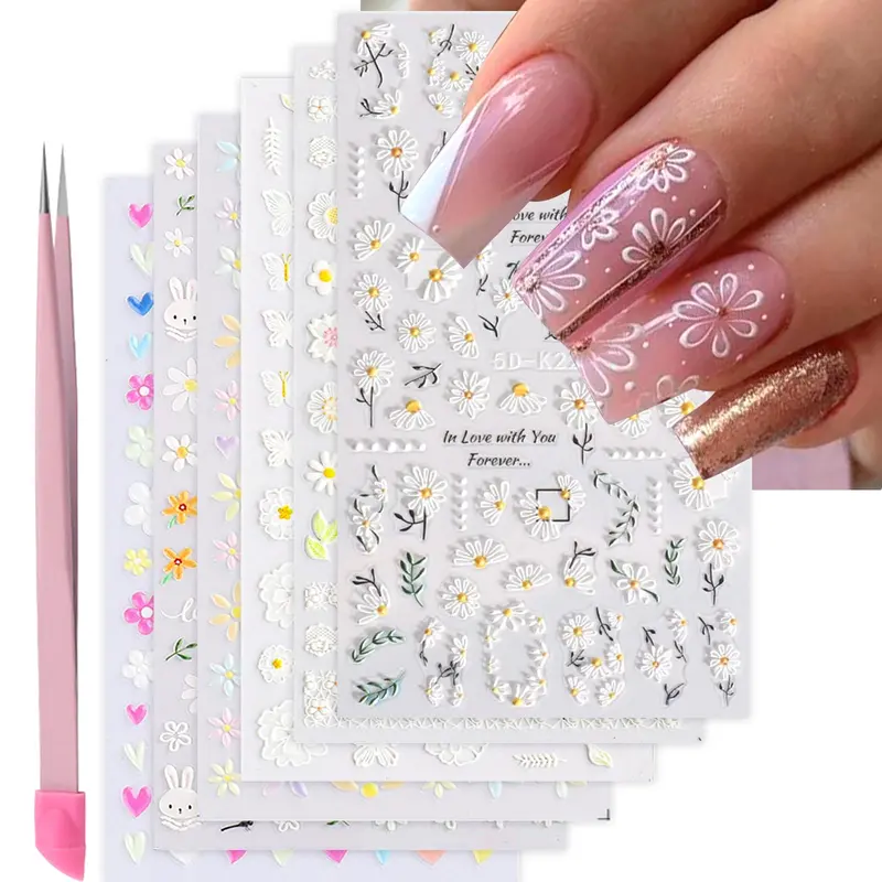 VOTACOS Autocollants Ongles Fleurs 5D – Déco Ongles 6 Feuilles 3D – Nail Art Auto-adhésif pour Femmes