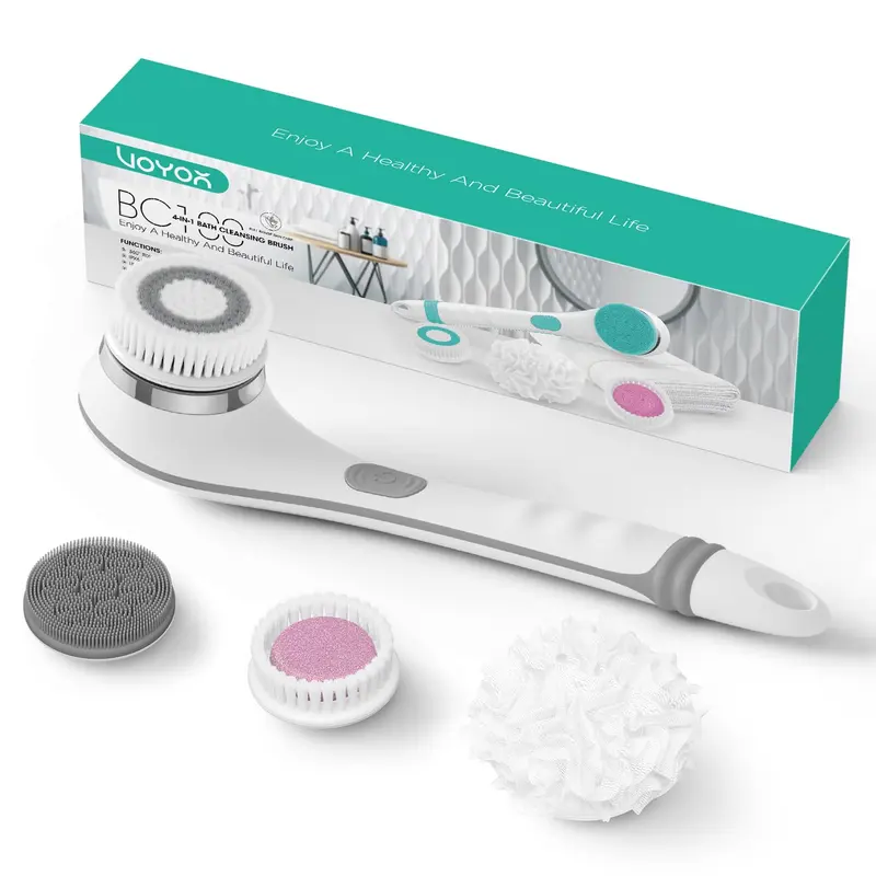 VOYOR Brosse Électrique pour le Corps – Rotation 360°, Poignée Longue, 4 Accessoires, Étanche IPX6