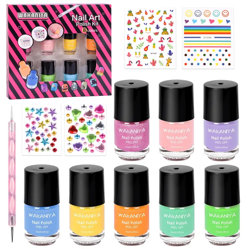 wakaniya Kit Vernis Enfants Non Toxique – Séchage Rapide, Retrait Facile, 8 Couleurs + Gemmes
