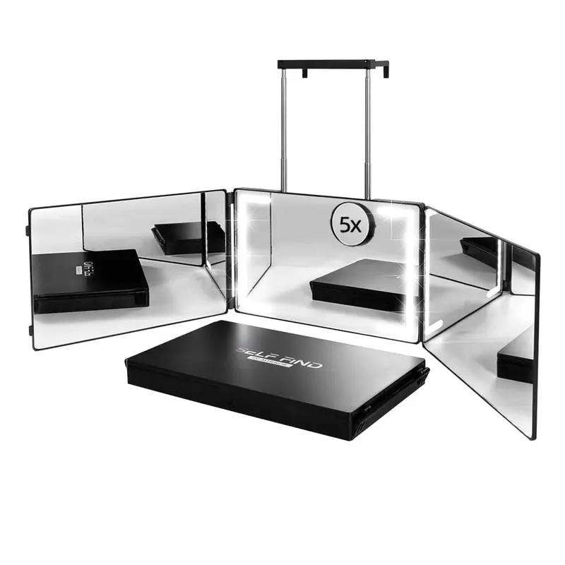 Warive Miroir à Trois Positions pour Coupe de Cheveux — Anneau lumineux 360°, Rechargeable, Hauteur Réglable
