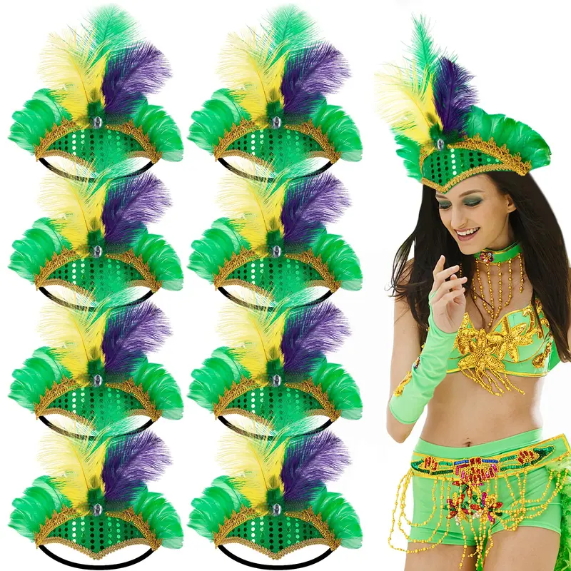 Watayo – Ensemble de 8 Serre-têtes Mardi Gras en Plumes (Violet/Jaune/Vert)