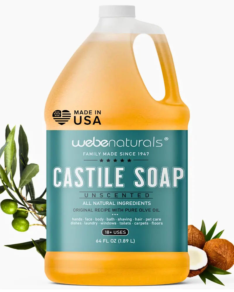 WEBE Savon Castile Liquide Non Parfumé Recharge – 64 Oz | Vegan, Sans Gluten, Sans OGM, Pour Visage, Corps, Vaisselle, Animaux et Linge