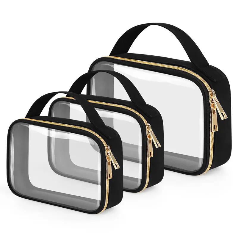 Wedama Sac à Toilettes Transparent – Lot de 3 avec Poignées, PVC Noir