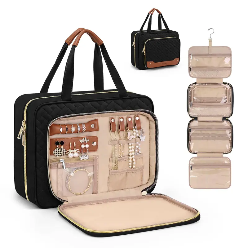 Wedama Trousse de Toilette Suspendue pour Femme – Grand Rangement Bijoux, PVC Étanche, Noir