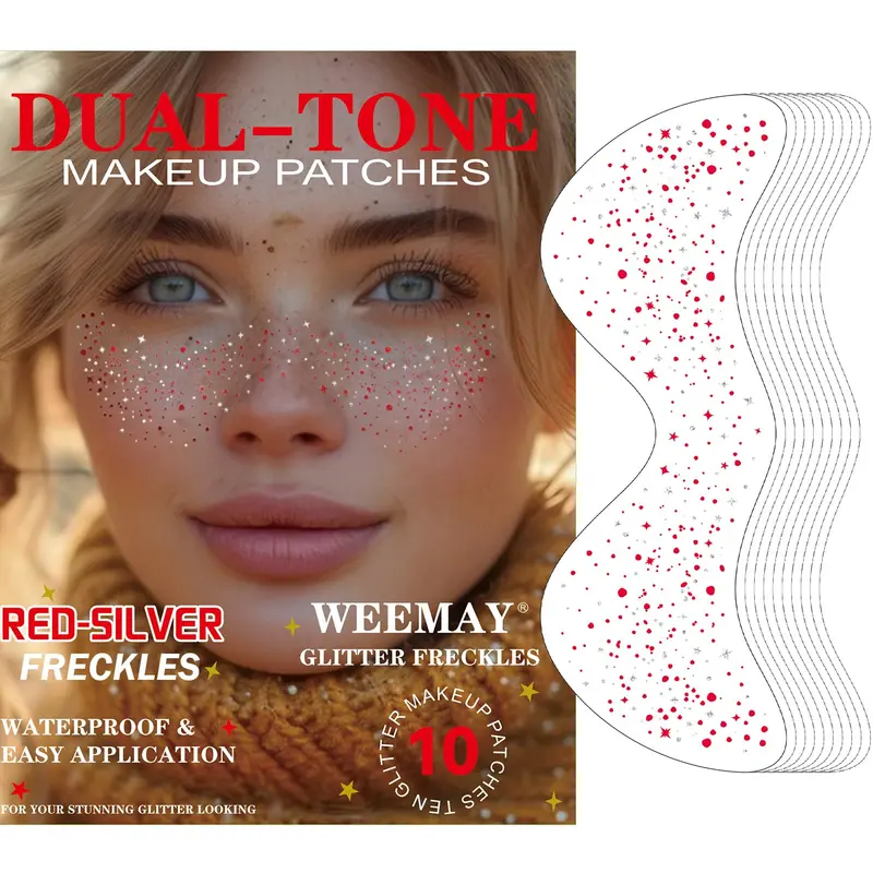 WEEMAY – 10 Taches de Rousseur Paillettes Duo Rouge et Argent, Tatouages Temporaires Waterproof 48h