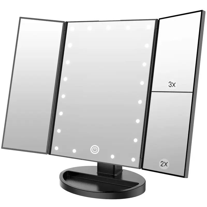 WEILY Miroir de Maquillage 21 LED — 1x/2x/3x, Pliant 3 Volets, USB/Piles, Noir